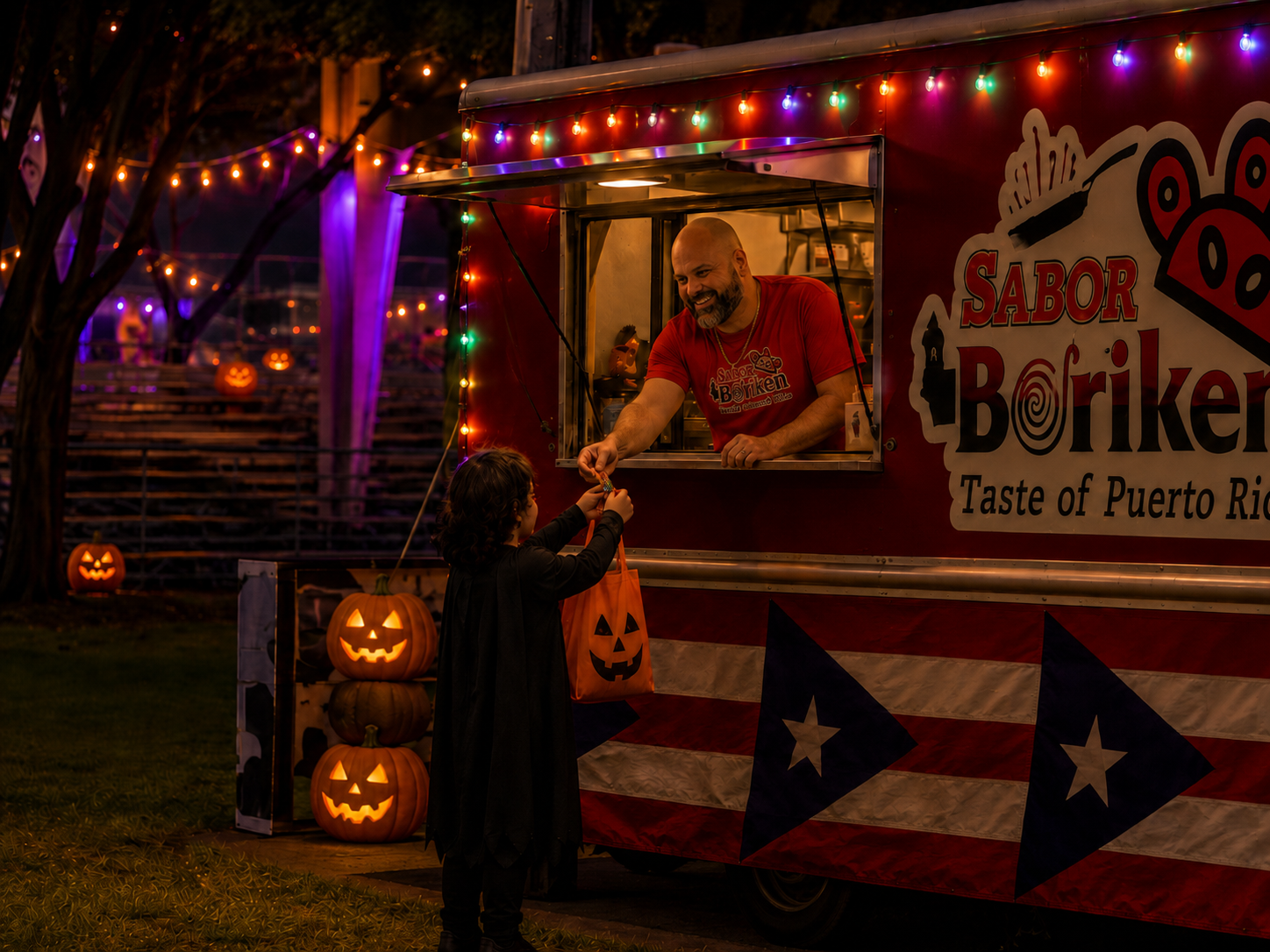 Kids trick-or-treating at a decorated food vendor